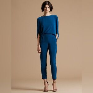 Halston Heritage Drape Sleeve Tapered Long Crepe Jumpsuit in Teal, size 14